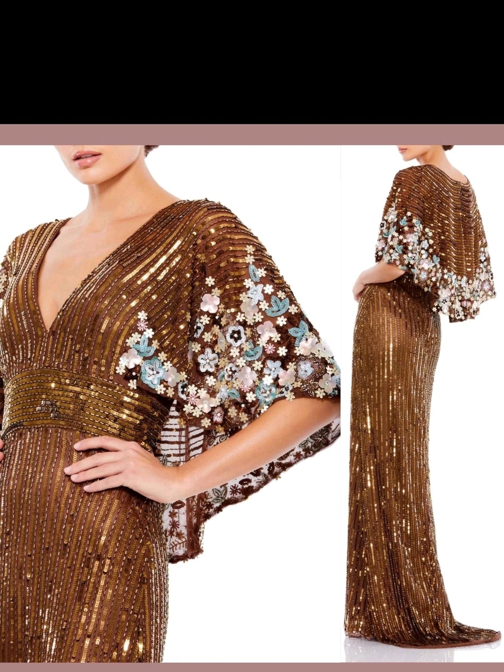 Mac Duggal Size 8 Brown Embellished Floral Gown